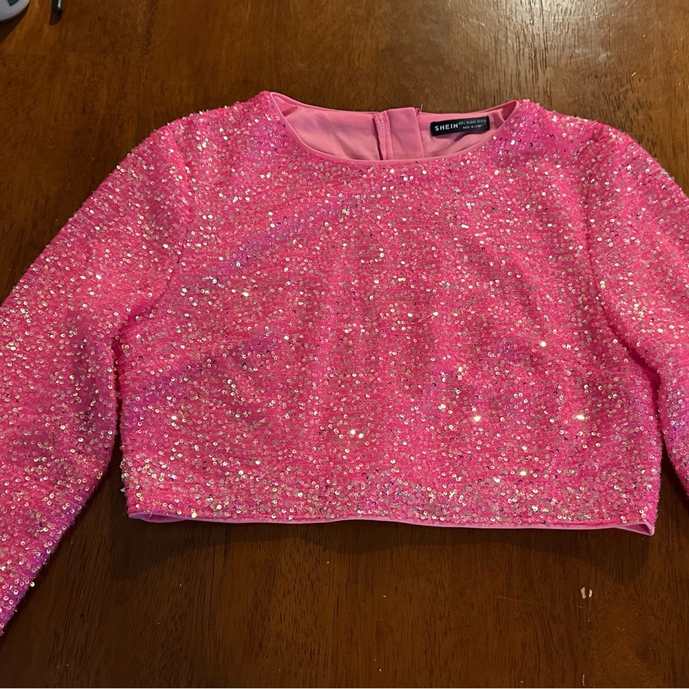 Shein Pink Sequin Long Sleeve Crop Top